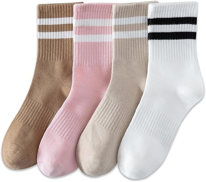 YUWELL Womens Striped Crew Socks, Cotton Cozy Casual Socks for Women 4 Pairs, Size 5-10 | Amazon (US)
