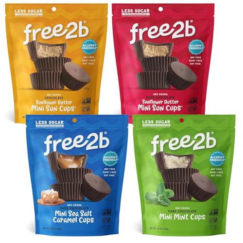 Free2b Mini Cups Variety Pack, Safe for School and Allergy Friendly - Gluten-Free, Dairy-Free, Nut-Free, and Soy-Free - Dark Chocolate, Chocolate, Sea Salt Caramel, Mint, 3.5 oz Resealable Bag (1 each) | Amazon (US)