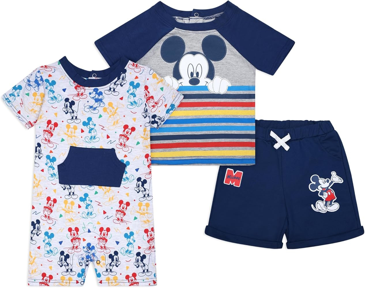 Disney Mickey Mouse Boys T-Shirt, Shorts and Romper Set for Infant – Grey/White or Navy/Grey | Amazon (US)