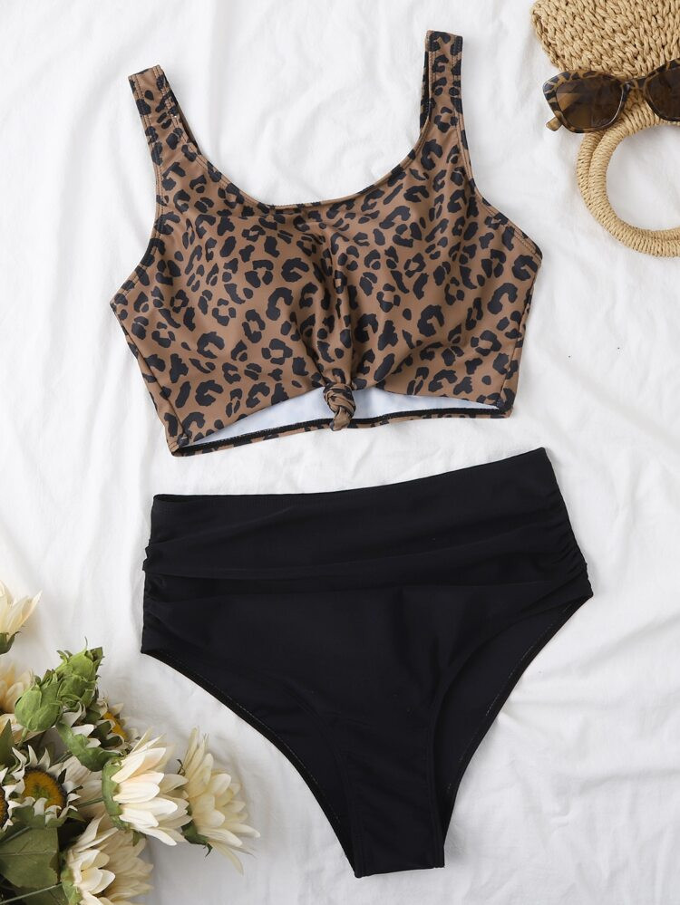 Leopard Knot Front High Waisted Bikini Swimsuit | SHEIN