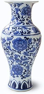 Dahlia Lucky Peach Blossom Motif Blue and White Porcelain Flower Vase, 13-Inch, Fish Tail Vase | Amazon (US)