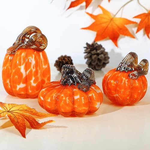 H&D HYALINE & DORA Set of 3 Blown Glass Pumpkin Figurines Crystal Glass Pumpkin Collectible Figurines for Fall Harvest Thanksgiving Halloween Decor（Orange） | Amazon (US)