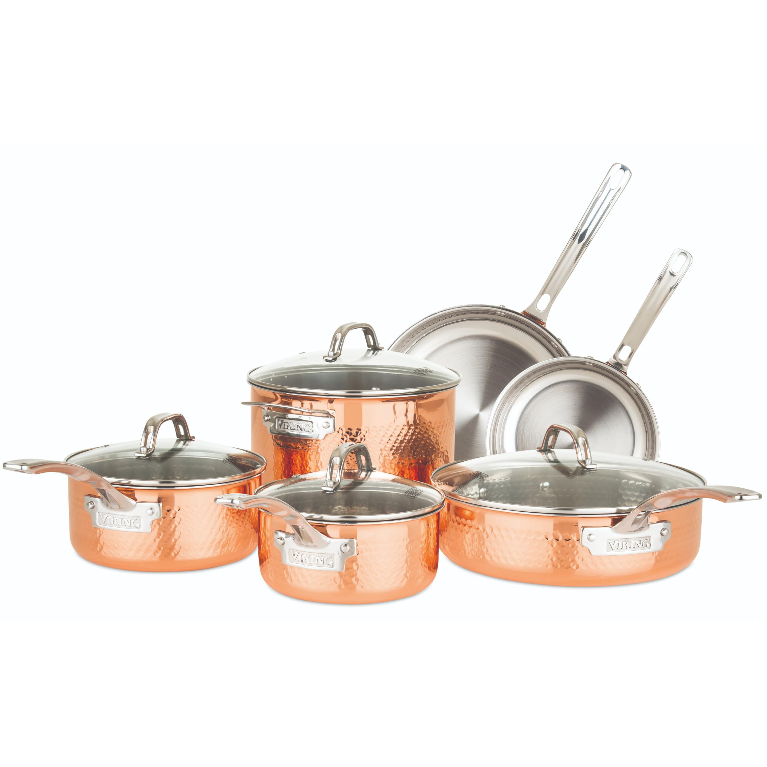 Viking 3-Ply Pots and Pans Set, 10 Piece Copper Kitchen Cookware with Glass Lids, Hammered Copper | Amazon (US)