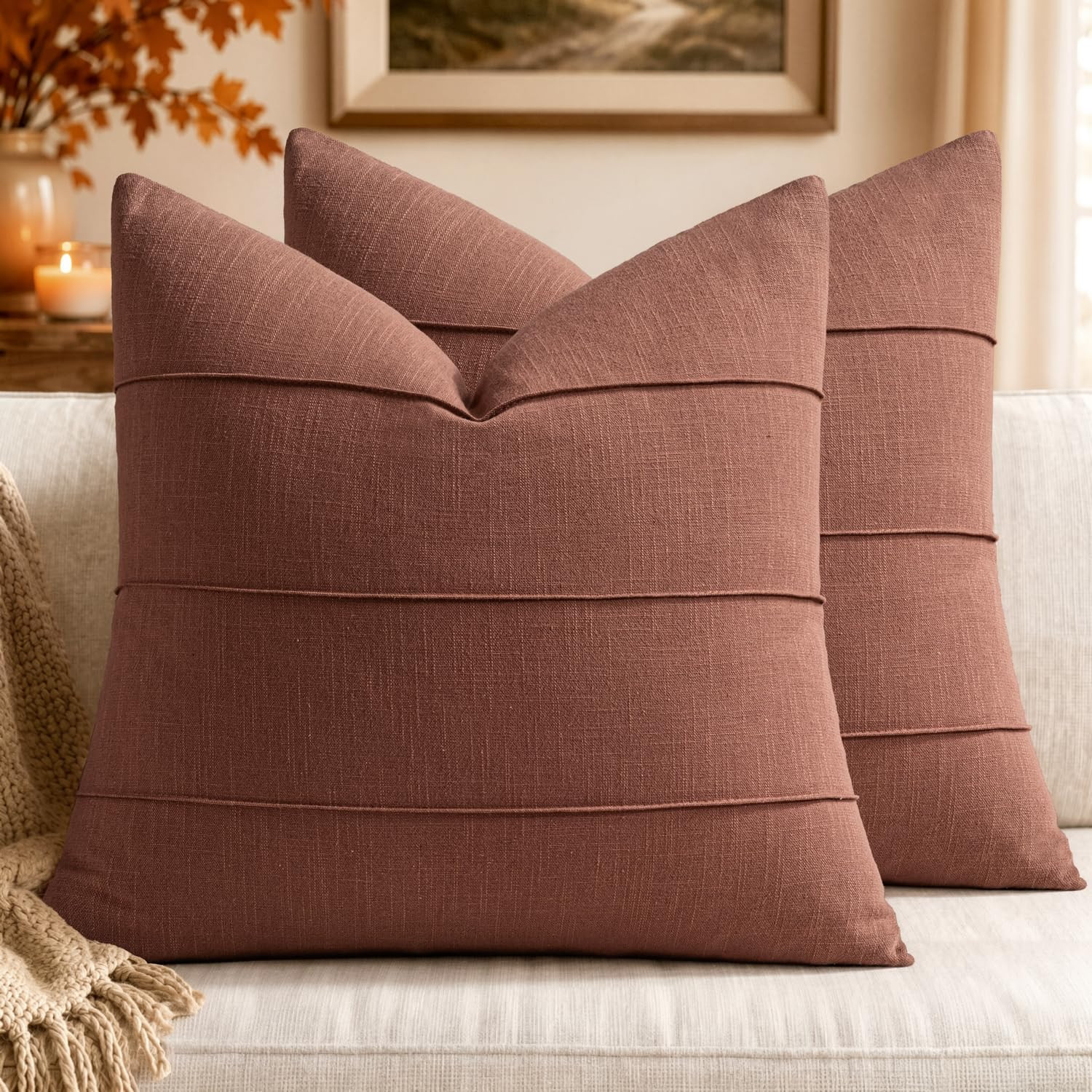 MIULEE Fall Linen Decorative Throw Pillow Covers 20x20 Autumn Glaze Striped | Amazon (US)