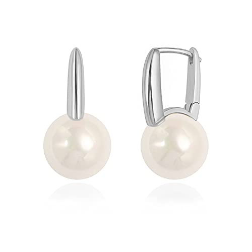 Aobei Pearl Platinum Plated Leverback Hoop Handpicked White Round Shell Pearl Drop Dangle Earring for Women Minimalist Simulated Pearl Ear Jewelry for Wedding Bridesmaids Gift | Amazon (US)