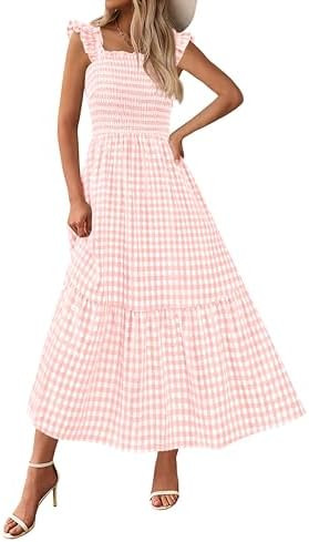 PRETTYGARDEN Womens Summer Dress Casual Square Neck Ruffle Strap Gingham Smocked Midi Flowy A Lin... | Amazon (US)