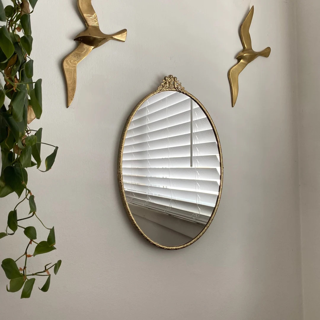 Vintage Gold Tone Lightweight Framed Wall Mirror with Lovely Cherub Embellishment - Vintage Brass... | Etsy (US)