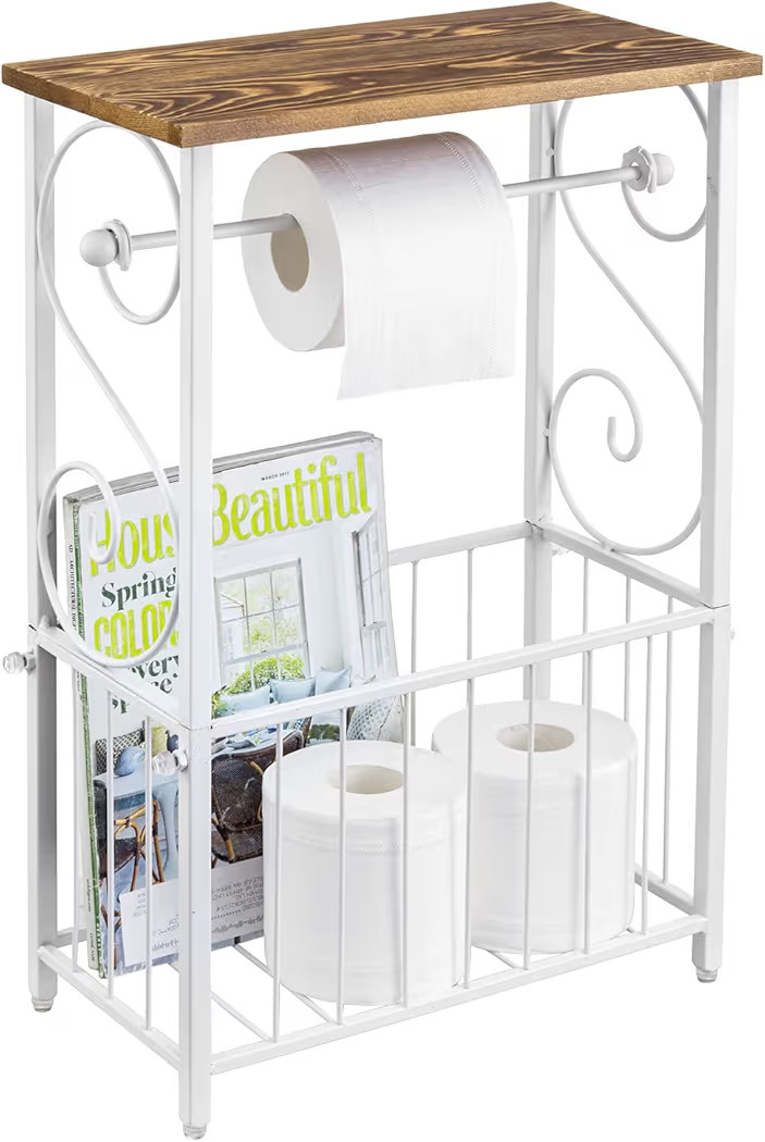 MyGift White Metal Bathroom Table Stand Storage Shelf with Dual Toilet Paper Holder, Magazine Bas... | Amazon (US)