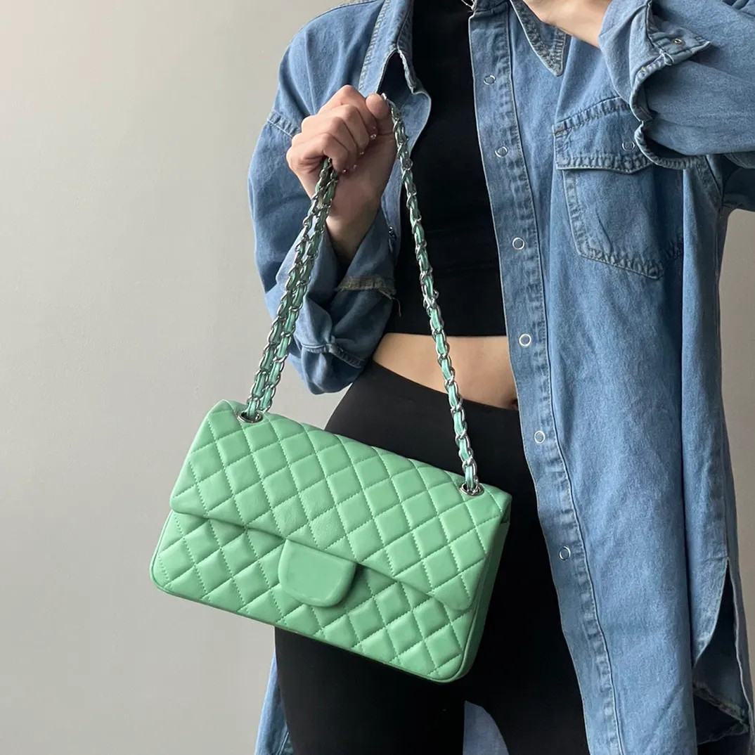 French Womens Classic Double Flap Quilted Lambskin Bags Apple Green Early Spring Luxury Purse Sil... | DHGate