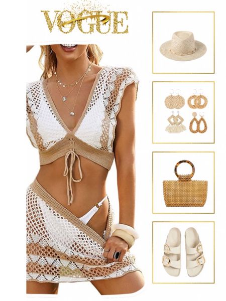 Neutral swim essentials! Classy and chic! 

•white bikini 
•straw bag
•beach earrings 
•slides
•hat 
#swimwear #amazon #revolve #beachoutfit #springbreak #springoutfit #summerlook #poolparty