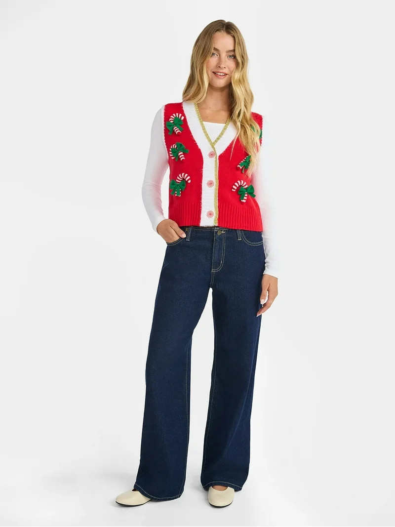 No Boundaries V-Neck Button Front Christmas Vest, Women’s | Walmart (US)
