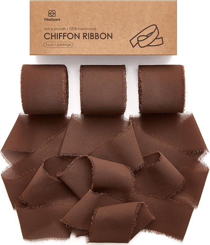 Vitalizart Brown Handmade Chiffon Silk Ribbon Fringe 3 Rolls 1.5" x 21 Yd Dark Brown Frayed Edges... | Amazon (US)