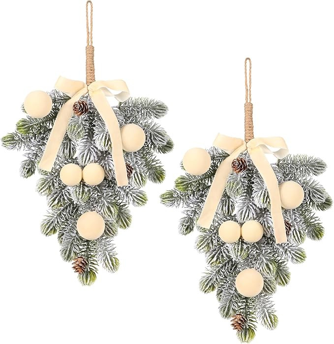 Super Holiday Flocking Christmas Decorations, 2PCS Artificial Beige Velvet Bow Ball Wreaths Front... | Amazon (US)