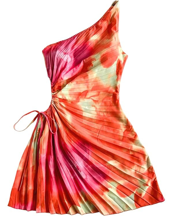 Floerns Women's Floral Sleeveless One Shoulder Drawstring Ruched Vacation A Line Dresses | Amazon (US)