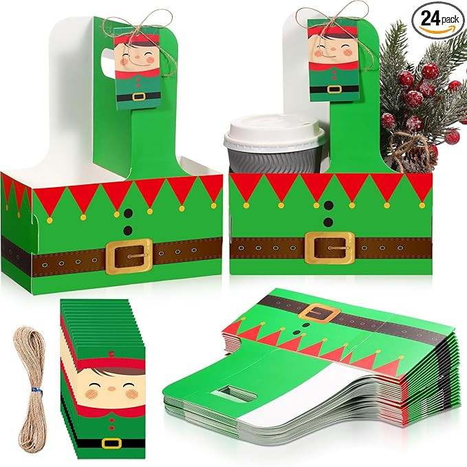 24 Sets Christmas Drink Carrier with Handle Disposable Kraft Paperboard Coffee Cup Holder with Ta... | Amazon (US)