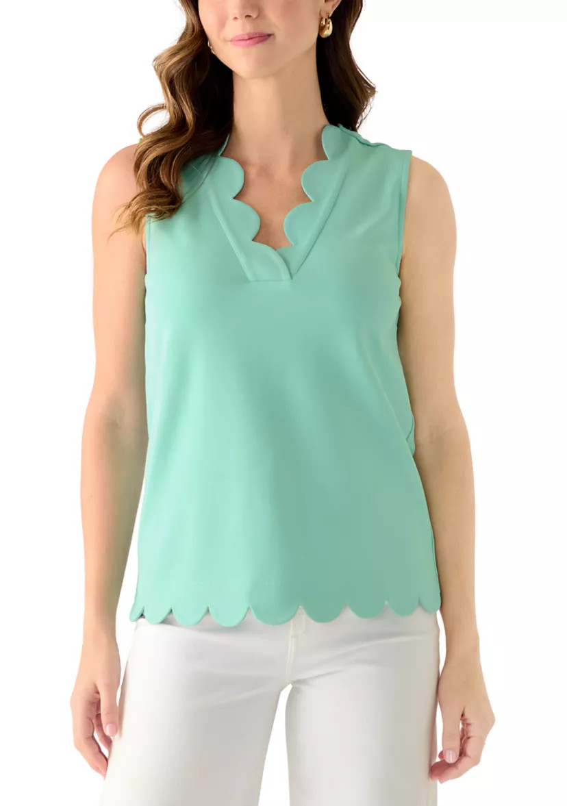 Women's Sleeveless Split Neck Scallop Hem Solid Blouse | Belk