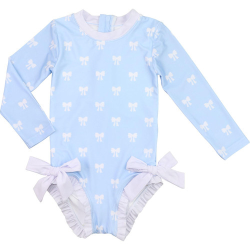 Blue And White Bow Print Lycra Rashguard Swimsuit | Cecil and Lou
