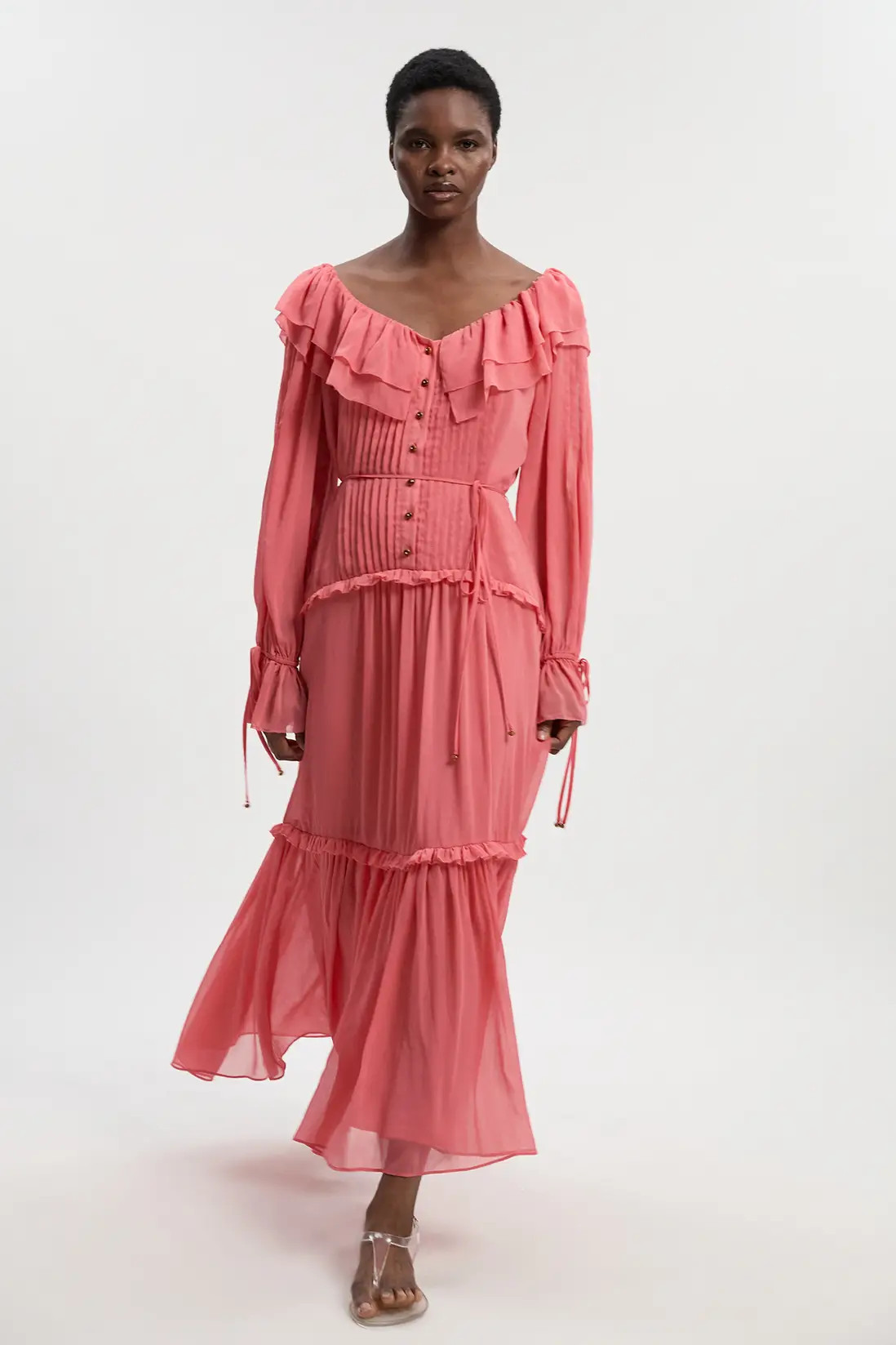 Ruffle Front Crinkle Georgette Woven Maxi Dress | Karen Millen UK + IE + DE + NL