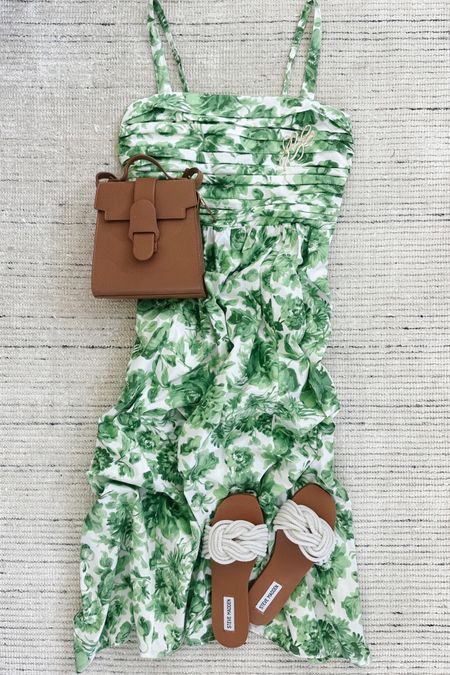 Summer outfit with green floral print midi dress paired with white beaded sandals and accessories for a chic look. Love the poplin fabric, ruched bodice and that the dress has pockets. Perfect for summer events, dinners and more! 

#LTKSeasonal #LTKstyletip