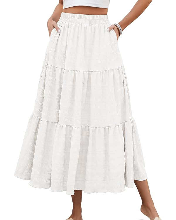 Women's Summer Casual Elegant Smock Layered Tiered Maxi Skirt High Waisted A Line Flowy Long Skir... | Amazon (US)