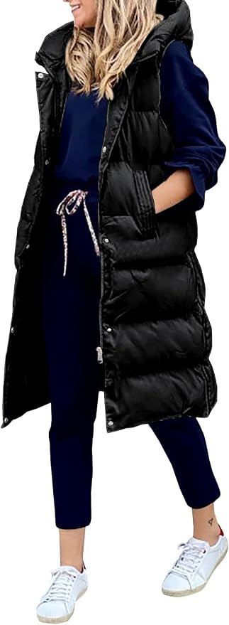 Avilego Women's Hooded Long Down Vest Full-Zip Sleeveless Puffer Vest Fashionable Coats Jacket | Amazon (US)