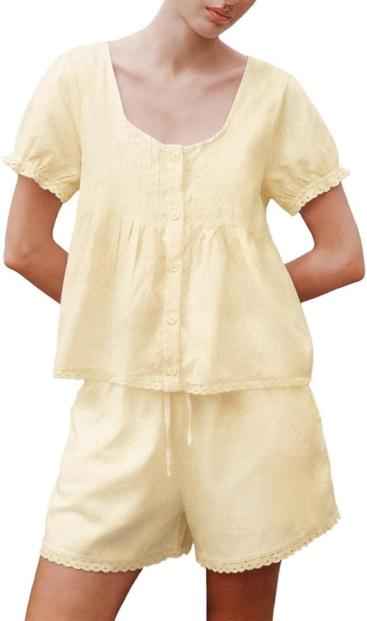 Womens 2 Piece Short Sets Fashion Button Down Puff Short Sleeve Lace Trim Pintuck Babydoll Top an... | Amazon (US)