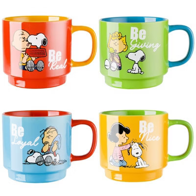 Peanuts Gentle Reminders 4-Pack 15oz Stoneware Stackable Mugs w/ Metal Rack | Target