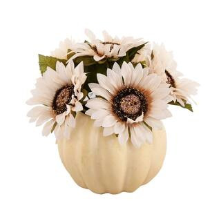 Flora Bunda 10 in. Fall Harvest Artificial Cream White Sunflowers in 7 in. Plastic Foam Pumpkin | The Home Depot