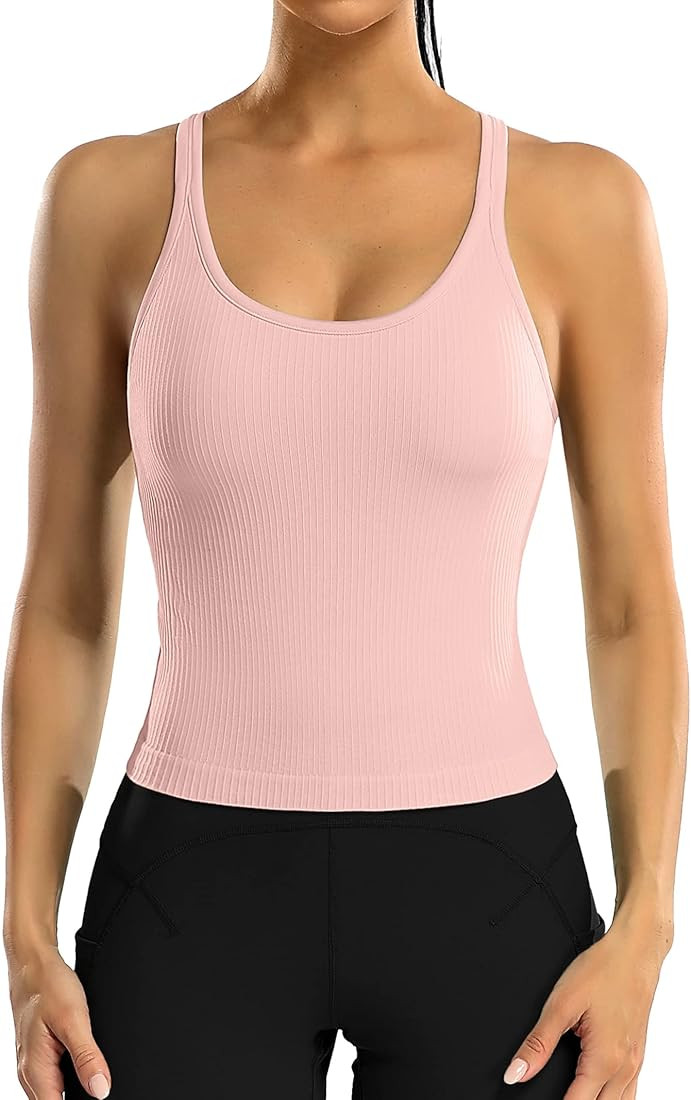 ATTRACO Women Ribbed Workout Crop Tops with Built in Bra Yoga Racerback Tank Top Tight Fit | Amazon (US)