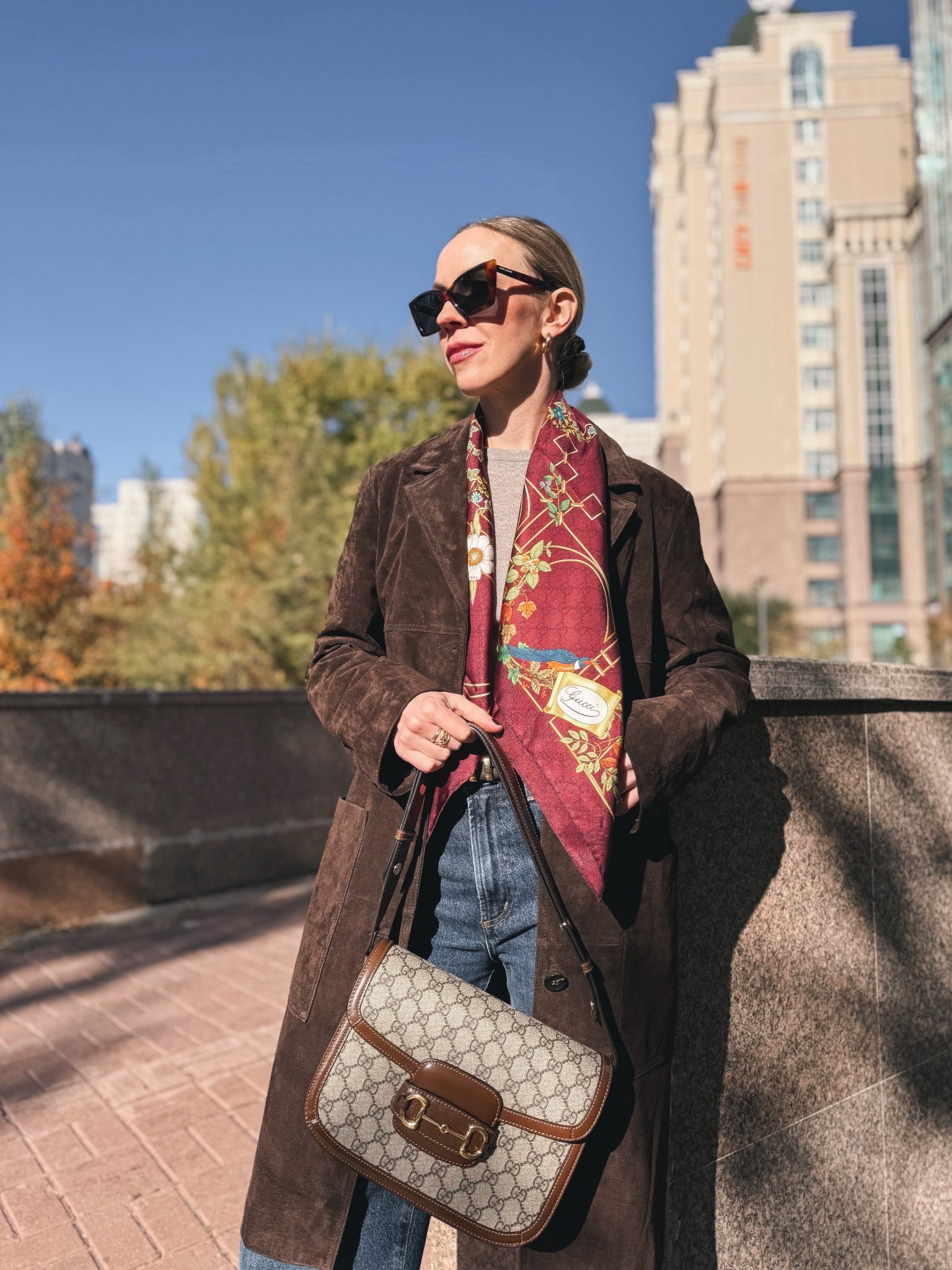 @Zara chocolate brown suede jacket, Gucci silk scarf, dark wash denim, Gucci bag, spring outfit 

#LTKspring #LTKSeasonal #LTKOver40