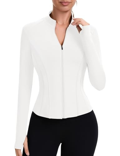 ZHENWEI White Jackets for Women Workout Athletic Full Zip Up Lightweight Slim Fit Clothes with Thumb Holes (White, XS) | Amazon (US)