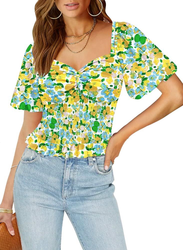 DOROSE Women's Puff Sleeve Floral Tops Sweetheart Neckline Twist Front Smocked Crop Top Blouse | Amazon (US)