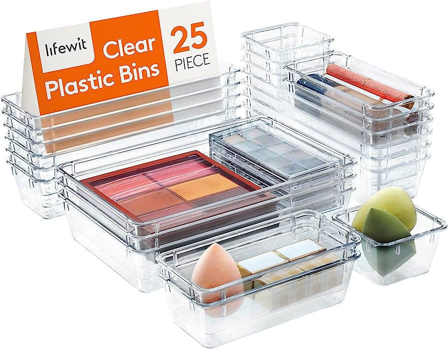 Lifewit 25 PCS Drawer Organizer Set Clear Plastic Desk Drawer Dividers Trays Dresser Storage Bins... | Amazon (US)