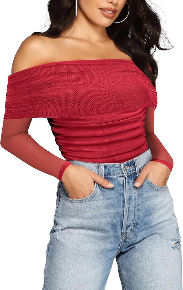 SAUNGKUAI Women's Off The Shoulder Long Sleeve Bodysuit Sexy Slimming Body Suit Tops Sheer Mesh R... | Amazon (US)