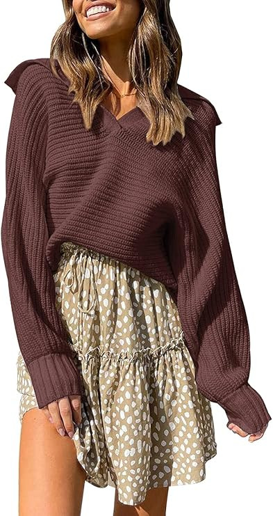 Amkoyam Fall Winter Women's Long Sleeve V Neck Ribbed Sweater Casual Loose Solid Color Lapel Knit... | Amazon (US)