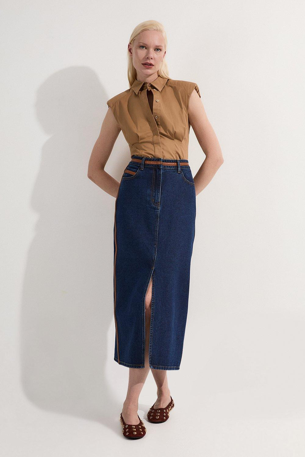 Denim & Faux Leather Tipped Side Pencil Midi Skirt | Karen Millen UK + IE + DE + NL