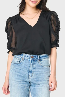 Rouched Sleeve Chiffon V-neck Blouse | Gibsonlook