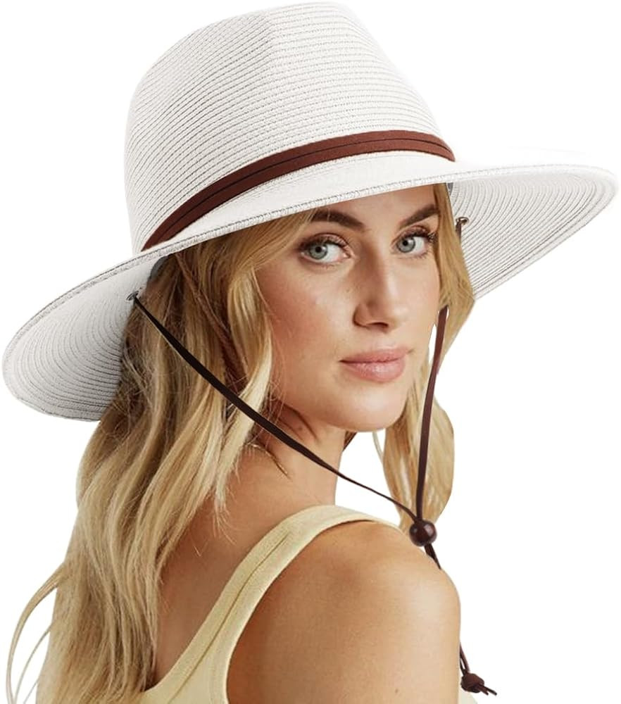 DRESHOW Womens Summer Straw Sun Hat Wide Brim Bucket Hats Fedora Hat Panama Beach Hat with Chin S... | Amazon (US)