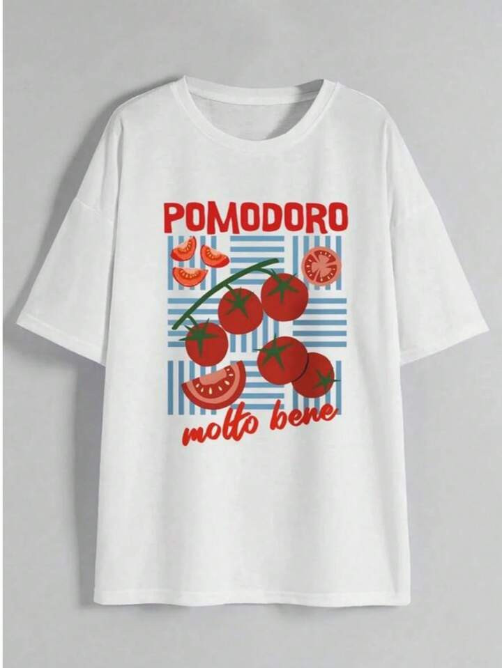 Fruit Tomato Letter Print Women's Summer T-Shirt Casual White Print Crew Neck Top All-Season Pattern Tee Women Clothing | SHEIN