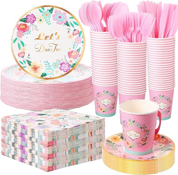 Irenare 50 Sets Tea Party Supplies Tableware Set Serves 50 Guest, Disposable Floral Party Paper P... | Amazon (US)