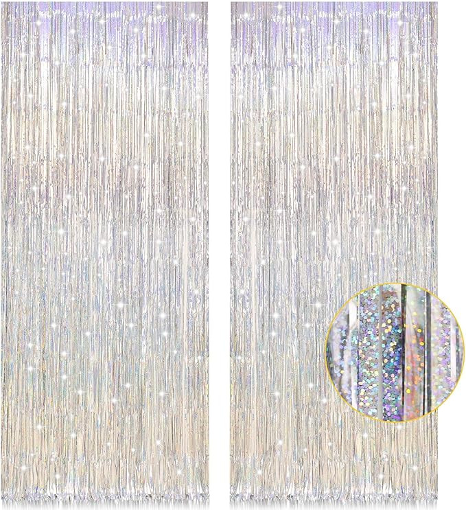 2 Pack 3.2ft x 8.2ft Silver Metallic Tinsel Foil Fringe Curtains, Door Streamer Photo Booth Backd... | Amazon (US)