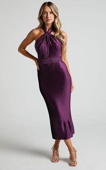 Marlette Midi Dress - Pleated Open Back Halter Dress in Aubergine | Showpo (US, UK & Europe)