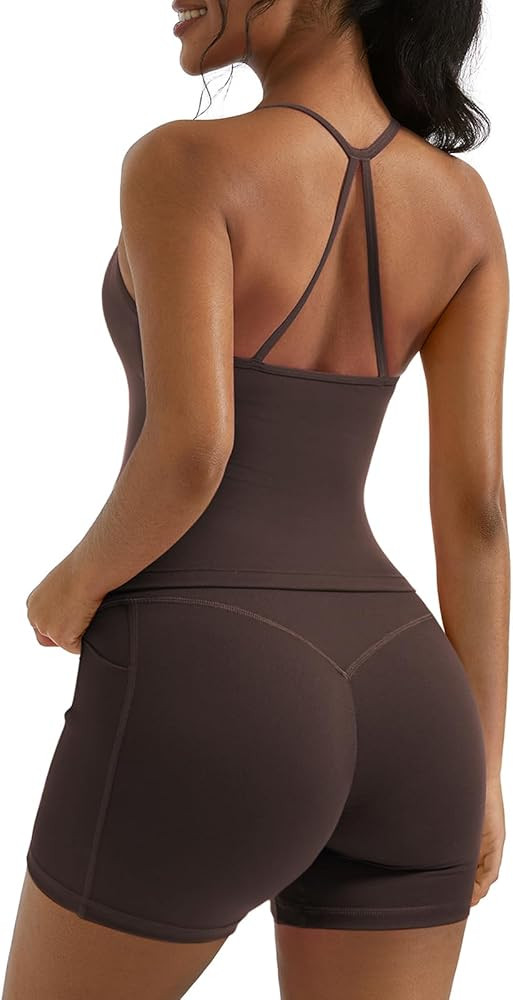 OMKAGI 2 Piece Workout Sets for Women Padded Sports Bra Tank Booty Gym Shorts with Pockets | Amazon (US)