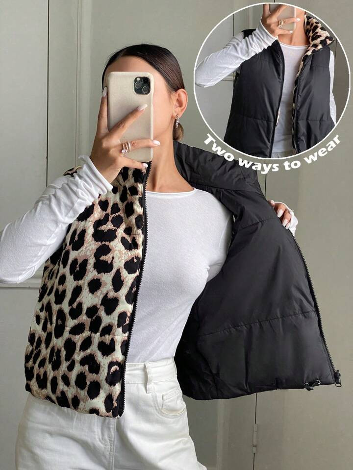 SHEIN Frenchy Women Winter Casual Leopard Print Clash Solid Black Warm Zip-Up Stand-Up Collar Sle... | SHEIN