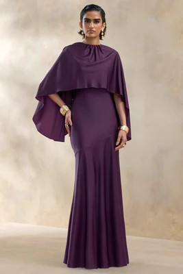 Vanthea | Dark Plum Satin Round-Neck Maxi Dress With Cape-Sleeves | Club L London