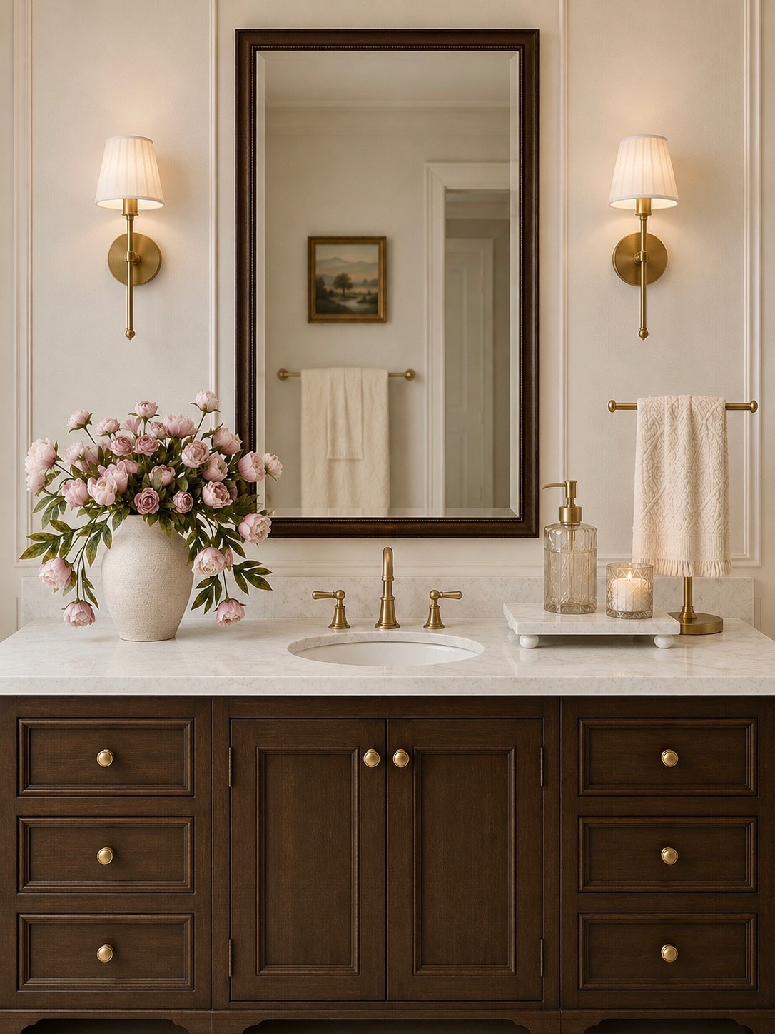 Timeless Bathroom Vanity Styling

Follow @farmtotablecreations on Instagram for more home decor inspiration.

This bathroom combines warm wood tones, classic brass accents, and soft neutral styling for a look that feels both elegant and inviting. The oversized mirror, tailored sconces, marble countertop, and layered accessories create a designer-inspired space that never goes out of style.

Simple details like fresh florals, a beautiful soap dispenser, a decorative tray, and textured hand towels can instantly elevate an everyday bathroom and make it feel custom and collected.

#bathroomdecor #bathroomvanity #bathroomdesign #homedecor #interiordesign

#LTKHome #LTKSaleAlert #LTKgrwm
