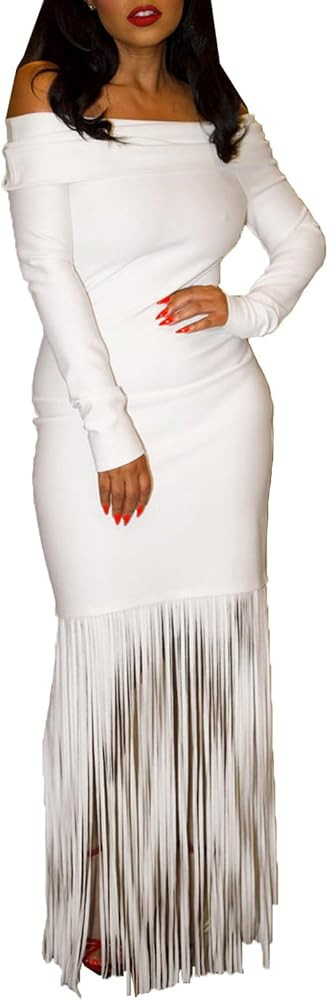 WOKANSE Women's Elegant Off Shoulder Solid Color Dress Bodycon Slim Tassel Hem Stretchy Evening D... | Amazon (US)