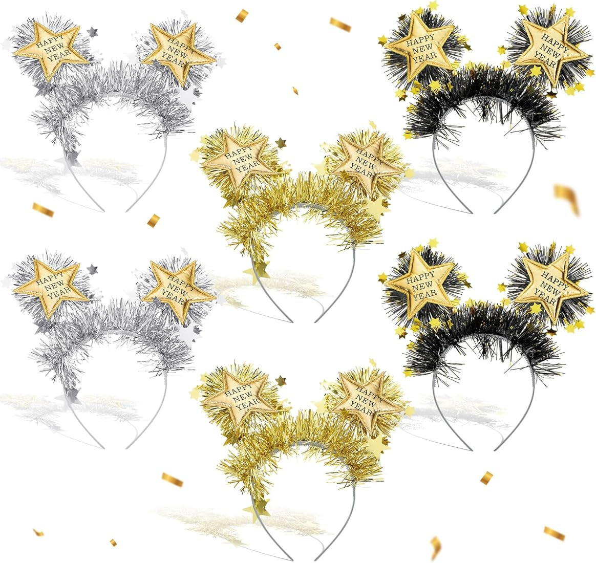 6 Pcs 2025 Happy New Year Headband with Star Boppers Headdresses Black Gold Silver Happy New Year... | Amazon (US)