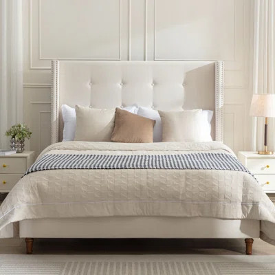 King Size Upholstered Bed with Wingback Tufted Headboard and Nailhead Trim – Ivory Velvet | Wayfair North America