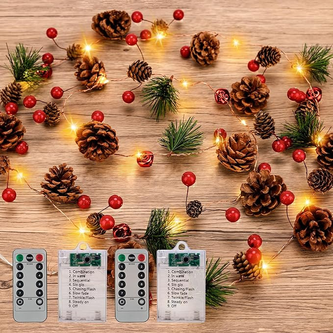 Christmas Garland with Lights, 6.7Ft 20 LEDs Pine Cone Battery Operated Garland with Lights, Chri... | Amazon (US)